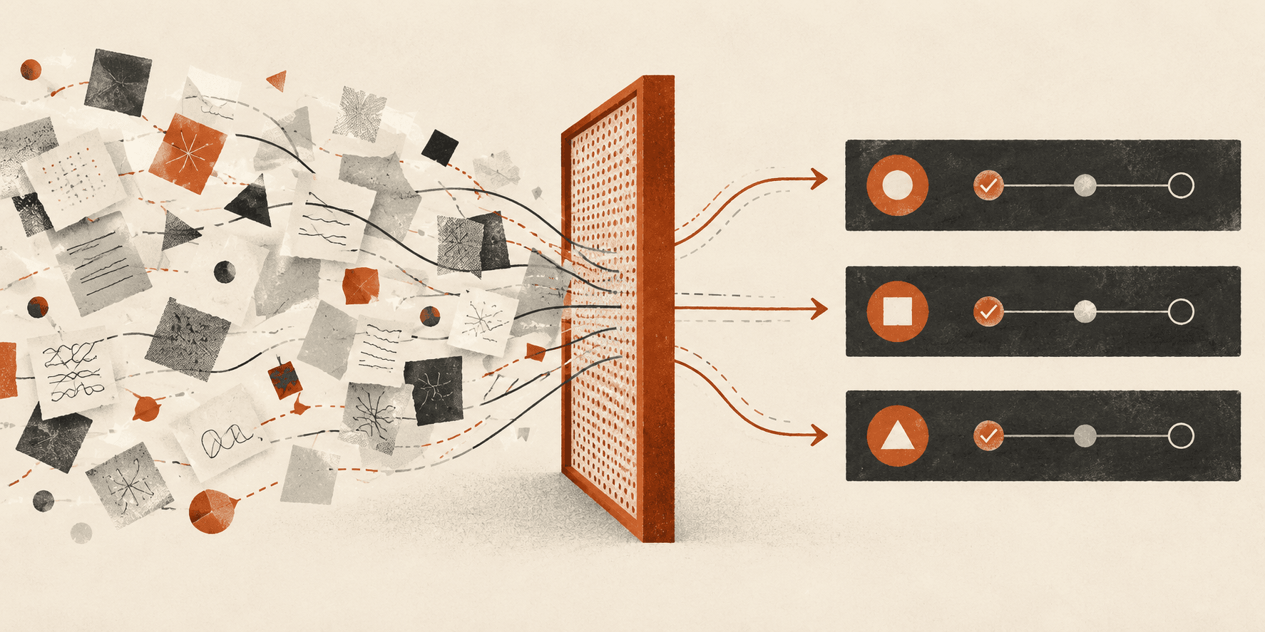 Editorial illustration of scattered notes moving through a sorting frame into three orderly accountable workstreams.
