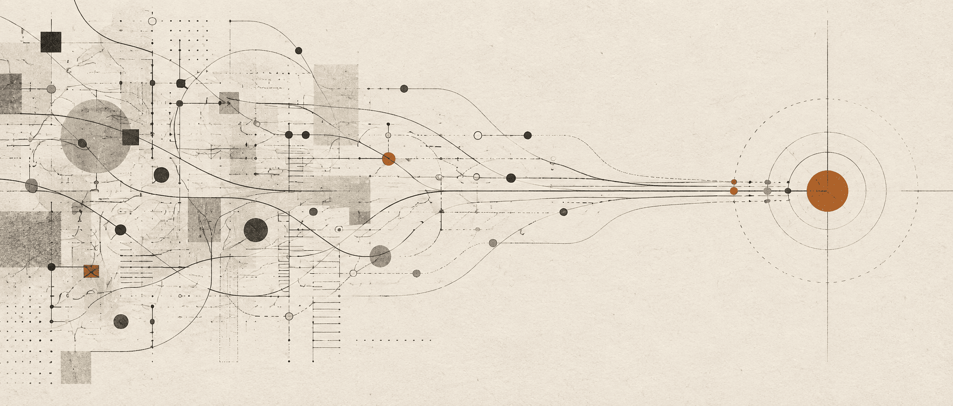 Editorial systems map showing disconnected workflows converging into one clear focal point.