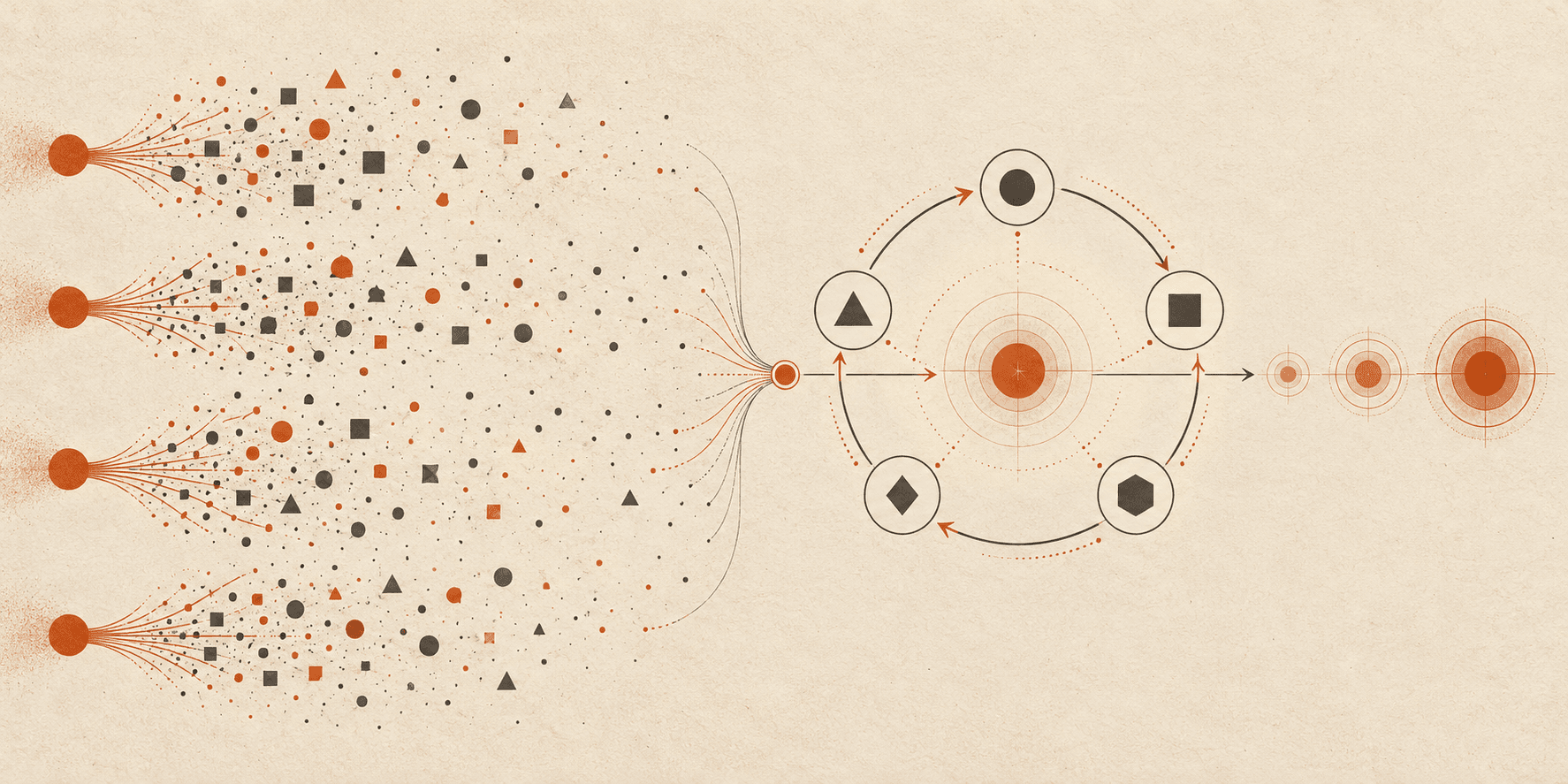 Scattered campaign signals converging into a closed measurement and learning loop that becomes more focused over time.