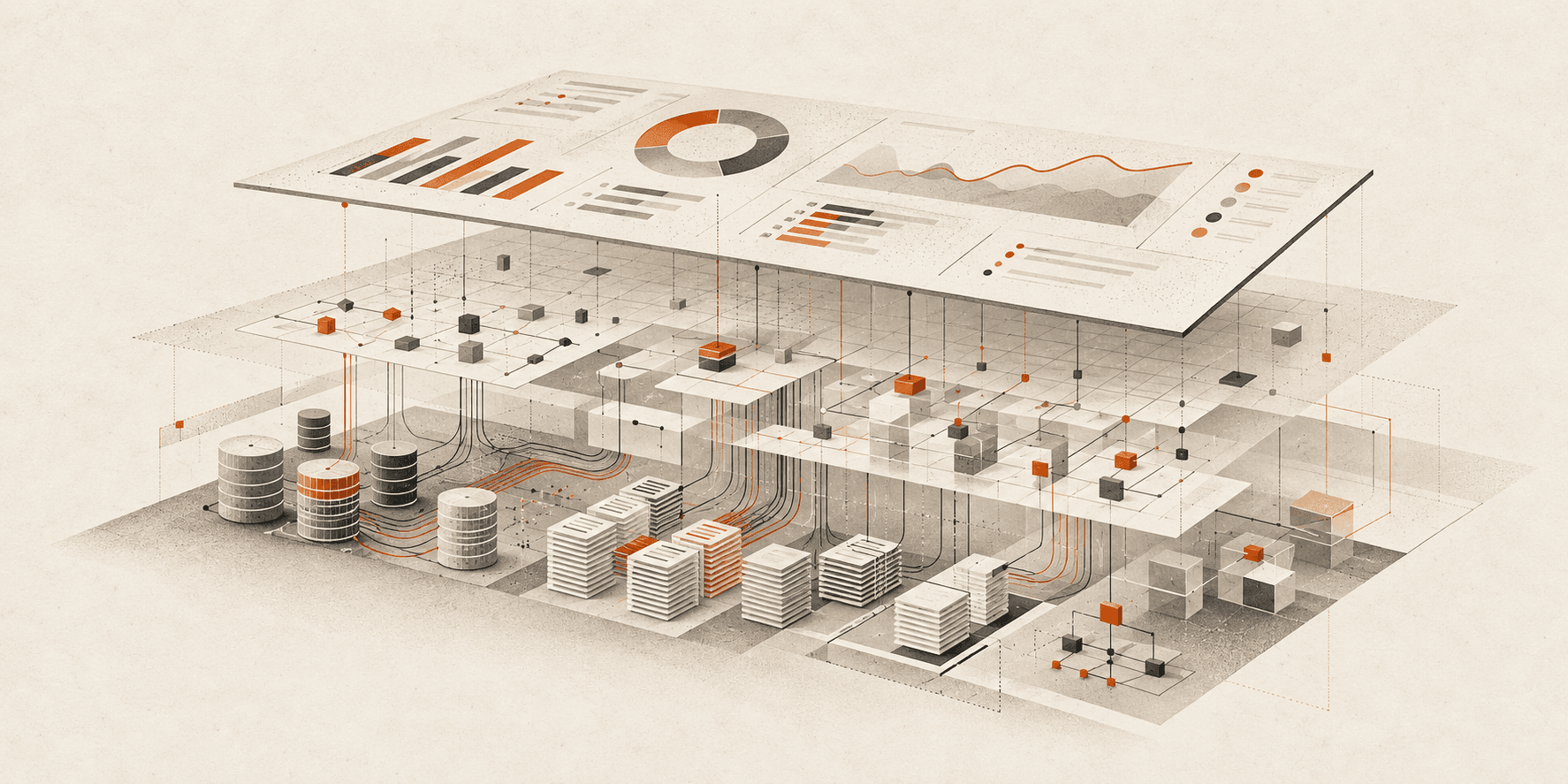 A dashboard surface supported by layers of source records, identity, and data lineage.